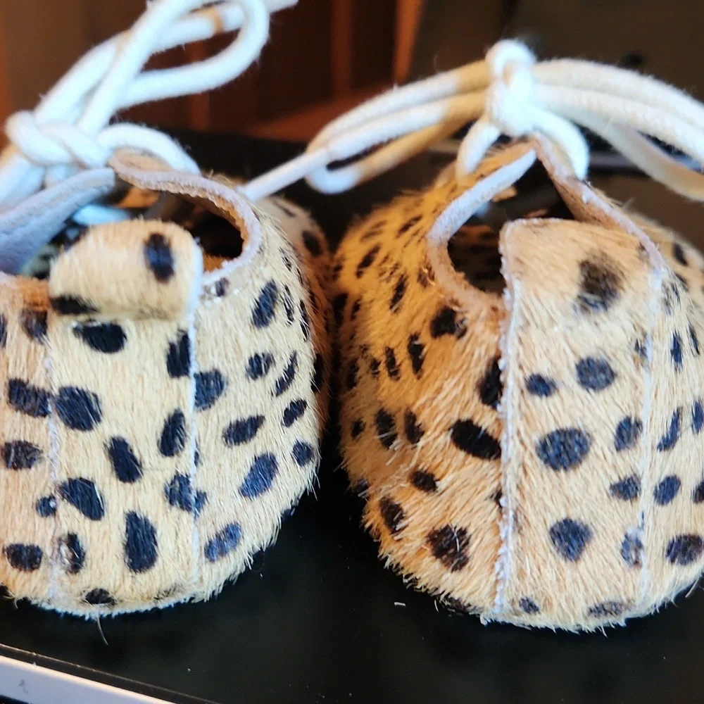 Monkey Feet Tan and Black Leopard Print Faux Fur Baby Shoes 6-12months